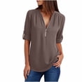 thumbnail image 2 of Crop Tops pour Femmes Tendance Chemises d'Été à Manches Longues pour Femmes Fermeture Éclair Tunique Décontractée Col en V Blouse à Manches Roulables Hauts Blouse de Travail pour Femmes en Liquidation, 2 of 6
