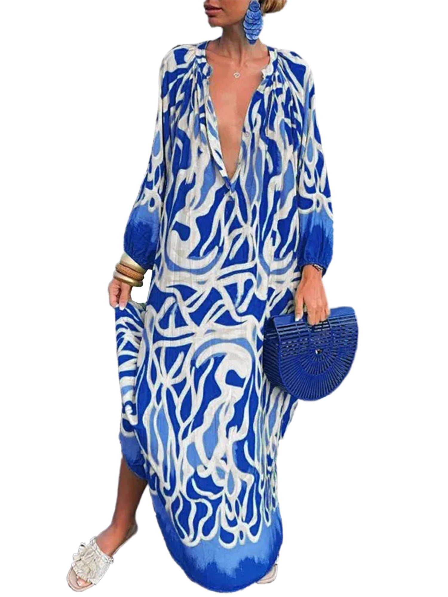 Innerwin Robe Boutonnée Femme Robes Maxi Automne Manches Longues Ample Bleu G