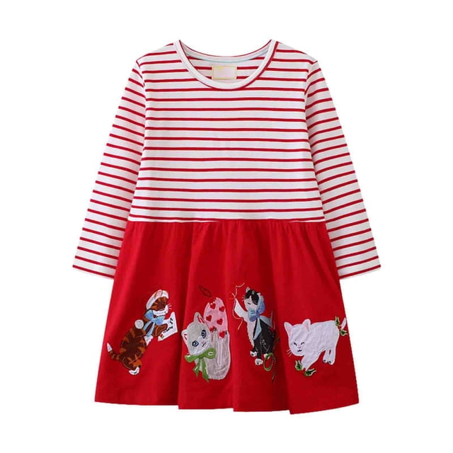 MIASHUI Robe Fleurie à Manches Longues pour Filles, Robes Décontractées pour Tout-Petits, Rouge, 6-7 Ans