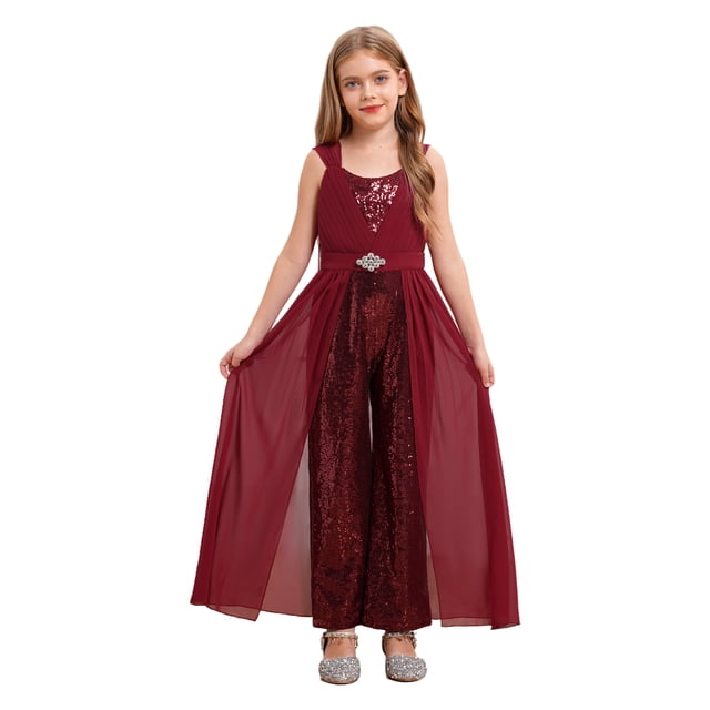 TiaoBug Combinaison à Sequins pour Filles Combinaisons Sans Manches Robe Maxi en Chiffon Combinaisons pour 7-14 Ans Bourgogne 12