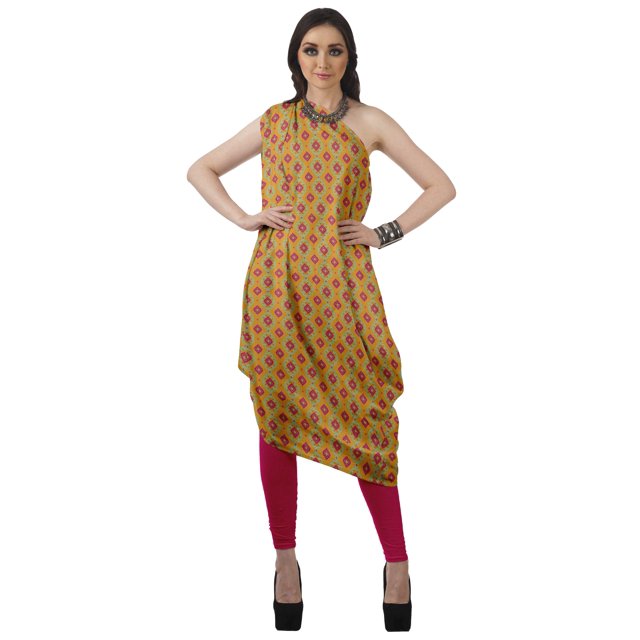 Moomaya Robe Kurti à une Épaule Imprimée pour Femme, Sans Manches, à Col Bénitier, Style Bohème, Tenue de Soirée de Designer