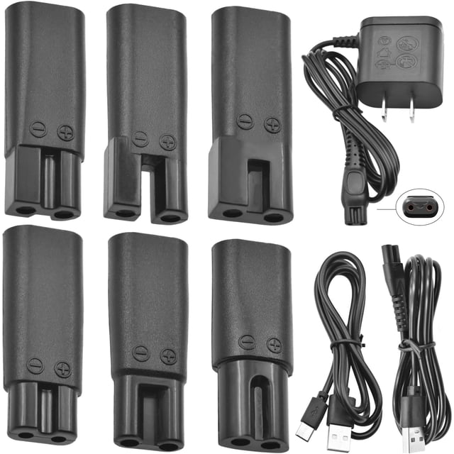 GFDYREE Remplacement Universel Amélioré Charger avec un Ensemble de 9 Pcs Comprenant six Adaptateurs Noirs, Deux Câbles USB-Type-C et un Adaptateur d'Alimentation. Compatible avec des Outils Électriques de Toilettage Tels Que des Tondeuses à Cheveux, des Tondeuses à Découper, des Rasoirs, des instruments de Beauté et des Lampes de Bureau. Comprend un Câblage en Cuivre Pur Épais pour la protection contre la Surtension, la Surintension, les Courts circuits et la Surchauffe.