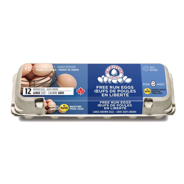 Maritime Pride Free Run Large Eggs carton containing 12 large brown eggs in beige recycled paper packaging, featuring the Maritime Pride logo and labeling that highlights free run hens raised in open-concept barns, Canadian product certification, and farmer-owned branding.