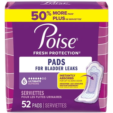 Poise Incontinence Pads for Women, 6 Drop Ultimate Absorbency, Regular Length, 52 Count