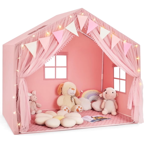 OLAKIDS Tente de Jeu pour Enfants, Grande Maisonnette avec Tapis en Coton Lavable, Fenêtres Étoilées, Fanions à Carreaux, 57,5” x 38” x 52,5”, Tente Château de Princesse Intérieure/extérieure pour Tout-Petits de 3+ Ans
