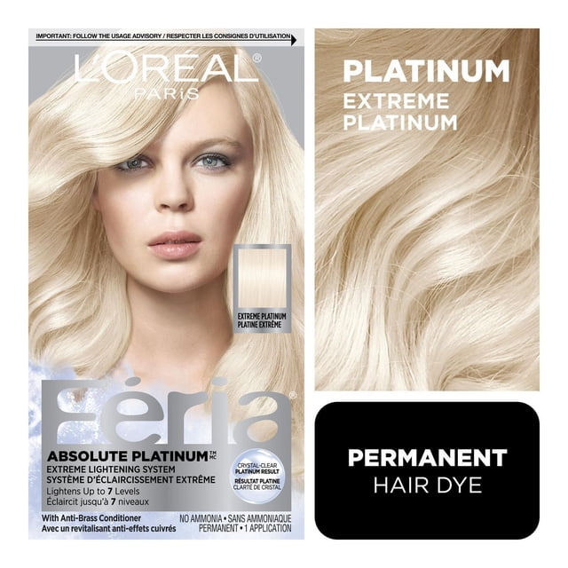 L'Oréal Paris Feria Absolute Platinum Extreme Lightening System permanent hair dye in Extreme Platinum shade, showing multi-dimensional shimmering platinum blonde hair with crystal-clear finish, designed to lighten hair up to 7 levels with anti-brass conditioner and ammonia-free formula.