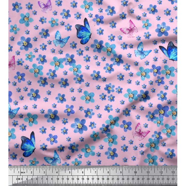 Soimoi Poly Georgette Fabric Butterfly & Flower Floral Print Fabric by the Yard 52 Inch Wide
