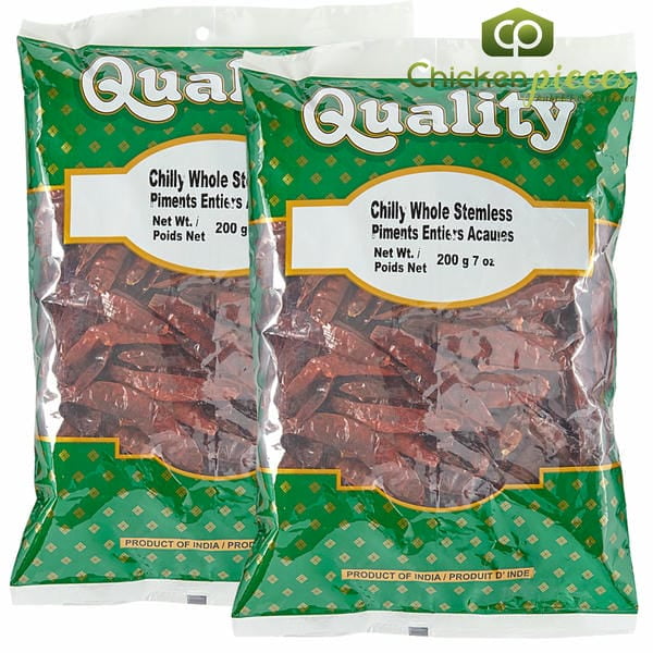 Quality Whole Chili Without Stem Quality Bulk Large 200g/7oz, showcasing two green packs of stemless whole chilies with vibrant red color, labeled with product details and net weight. Perfect for culinary use, adding bold heat and smoky flavor to dishes. Suitable for garden centre enthusiasts seeking premium spice options.