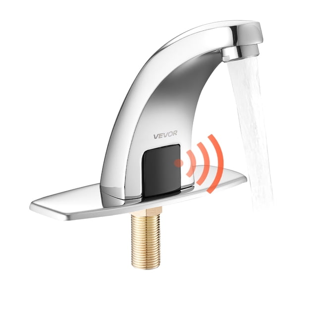 VEVOR Touchless Bathroom Sink Faucet with automatic motion sensor, ideal for bathroom renovation projects. Featuring a chrome-plated finish and sleek design, this faucet includes a hole cover plate and is battery-operated for 9/16-inch pipe connections. Designed for commercial lavatories, it offers hands-free operation with a 6.3-inch sensing range and a maximum flow rate of 2.0 GPM. Made from durable zinc alloy, it is corrosion-resistant and easy to install.