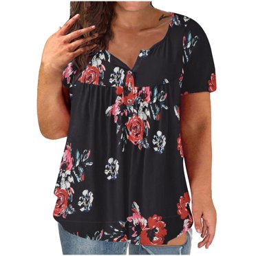 Leutsin Femmes Grande Taille Col en V Imprimé de Fleurs Boutons Manches Courtes Hauts T-Shirt Blouse