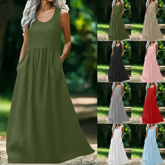 Xcmzpl Robes Débardeurs d'Été pour Femmes en Lin Sans Manches Robes Maxi Unies à Encolure Dégagée Robes Fluides avec Poche Tenues de Vacances