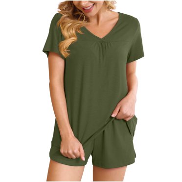 Lounge Set for Women 2 Piece Outfits Solid Color Short Sleeve V Neck Pjs Sleepwear Soft Shorts Pajama Set Nightwear