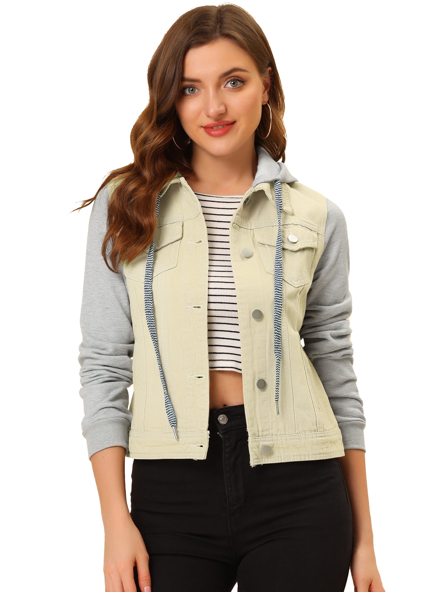 INSPIRE CHIC Women's Layered Drawstring Hood Denim Jacket with Pockets