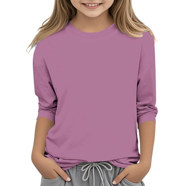 MKOSPLRT T-Shirts à Manches 3/4 pour Enfants Col Rond Hauts Décontractés Chic Couleur Unie Blouses Confortables Tuniques Douces pour Fille Liquidation