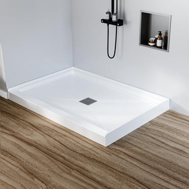 48" x 32" Shower Base Non-Slip SMC Shower Pan with Center Drain, 304 Stainless Steel Square Drain Cover, Bathroom Shower Tray Kit Single Threshold Floor for Easy Installation (White)