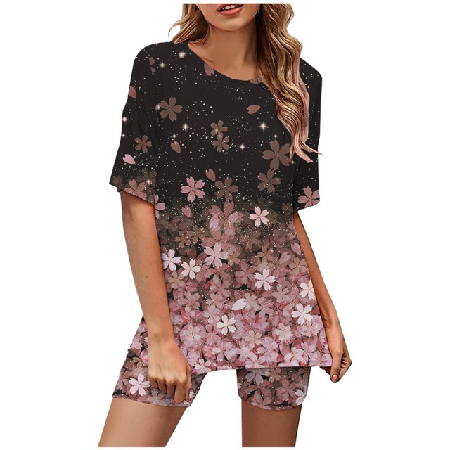 Mikilon Ensemble Élégant pour Femmes 2 Pcs Mode Col Rond Blouse Manches Courtes Hauts Shorts Ensemble Décontracté Violet-A m