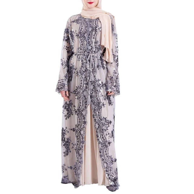 Women Embroidered Sequins Muslim Dress Abaya Islamic Jilbab Cardigan Long Robe