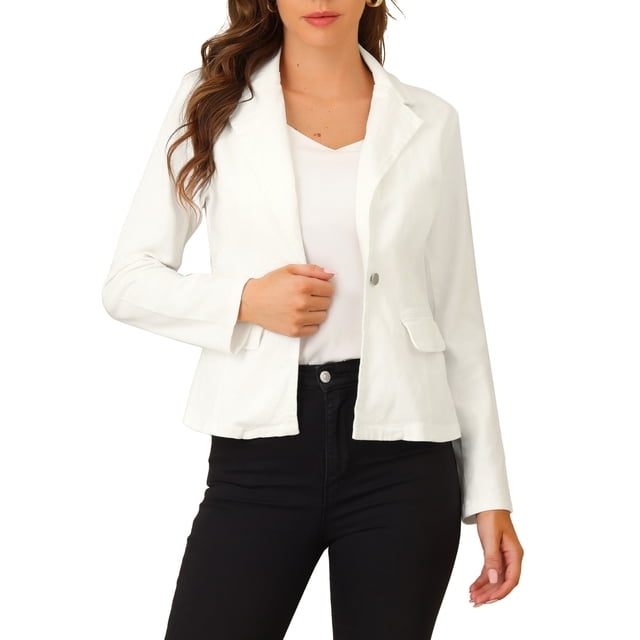 INSPIRE CHIC Women's Notched Lapel Button Up Long Sleeve Washed Denim Jacket S White