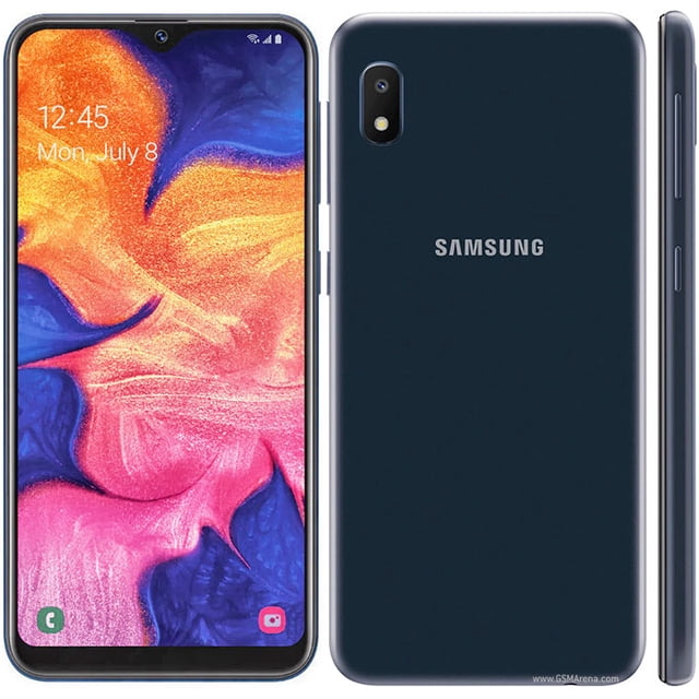 Samsung Galaxy A10e 32GB Unlocked Smartphone - Certified Refurbished. Features a 5.8-inch edge-to-edge Infinity V-Display with 720 x 1560 resolution for vibrant visuals. Includes 32GB internal storage, expandable up to 512GB with a MicroSD card (sold separately), and 2GB RAM for smooth multitasking. Equipped with an 8MP rear camera and 5MP front camera for clear photos and Full HD video recording. Powered by a 3,000 mAh battery for all-day use. Shown in a sleek black finish with front, back, and side views.