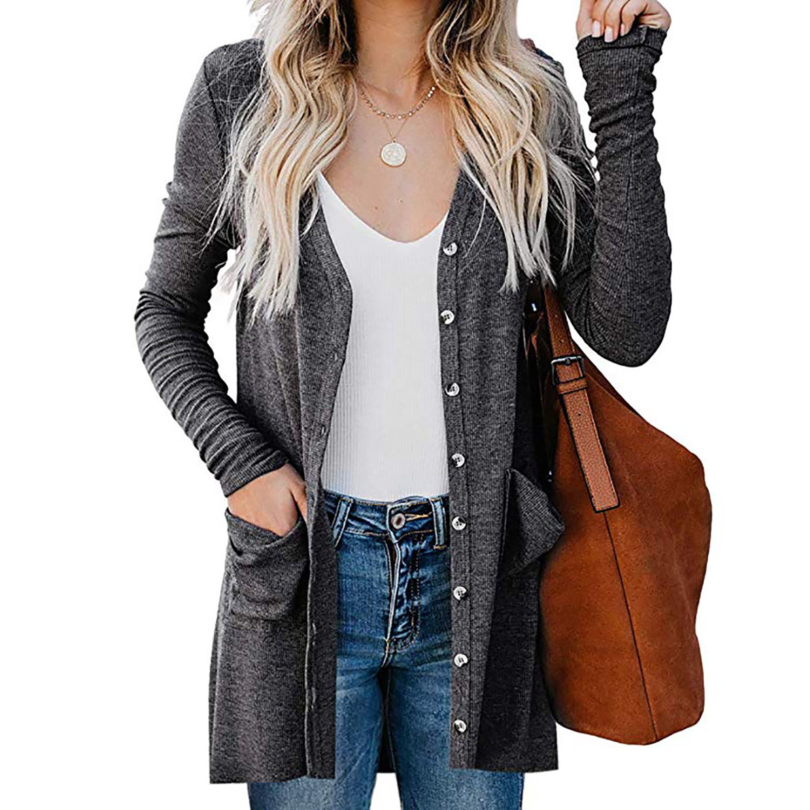Solid Partnership Image Fiogavroetic Womens Ladies Cardigan Solid Long Sleeve Pocket Button ...