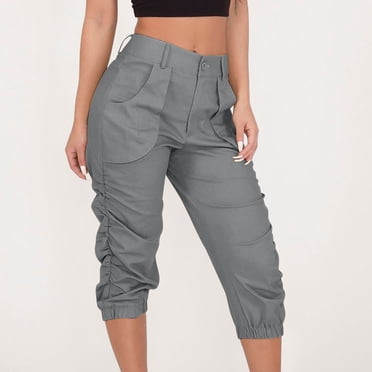 Fankiway Women'S Summer High Waisted Solid Color Casual Capris Cargo Pants with Pokets Womens Pants Clearance Womens Pants Wide Leg