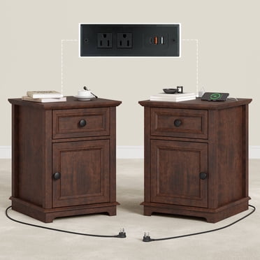FAGAGA Ensemble de 2 Tables d'Extrémité pour Salon avec Station de Recharge, Table d'Appoint avec Tiroir et Tablette de Rangement Ajustable, Tables de Chevet Rustiques en Bois pour Chambre / Cerisier