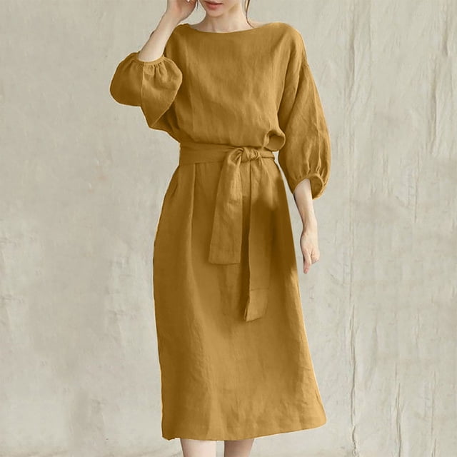 Fshaion Robe d'Été pour Femmes 2024 Grande Taille Col Rond Ample Manches Courtes Unie Mi-Mollet Robe Longue Liquidation à Moins de 10!