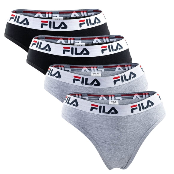 FILA Ladies Brazilian Briefs - 4 Pack, Logo Waistband, Cotton Stretch, Solid Colour Black/Grey M (Medium)