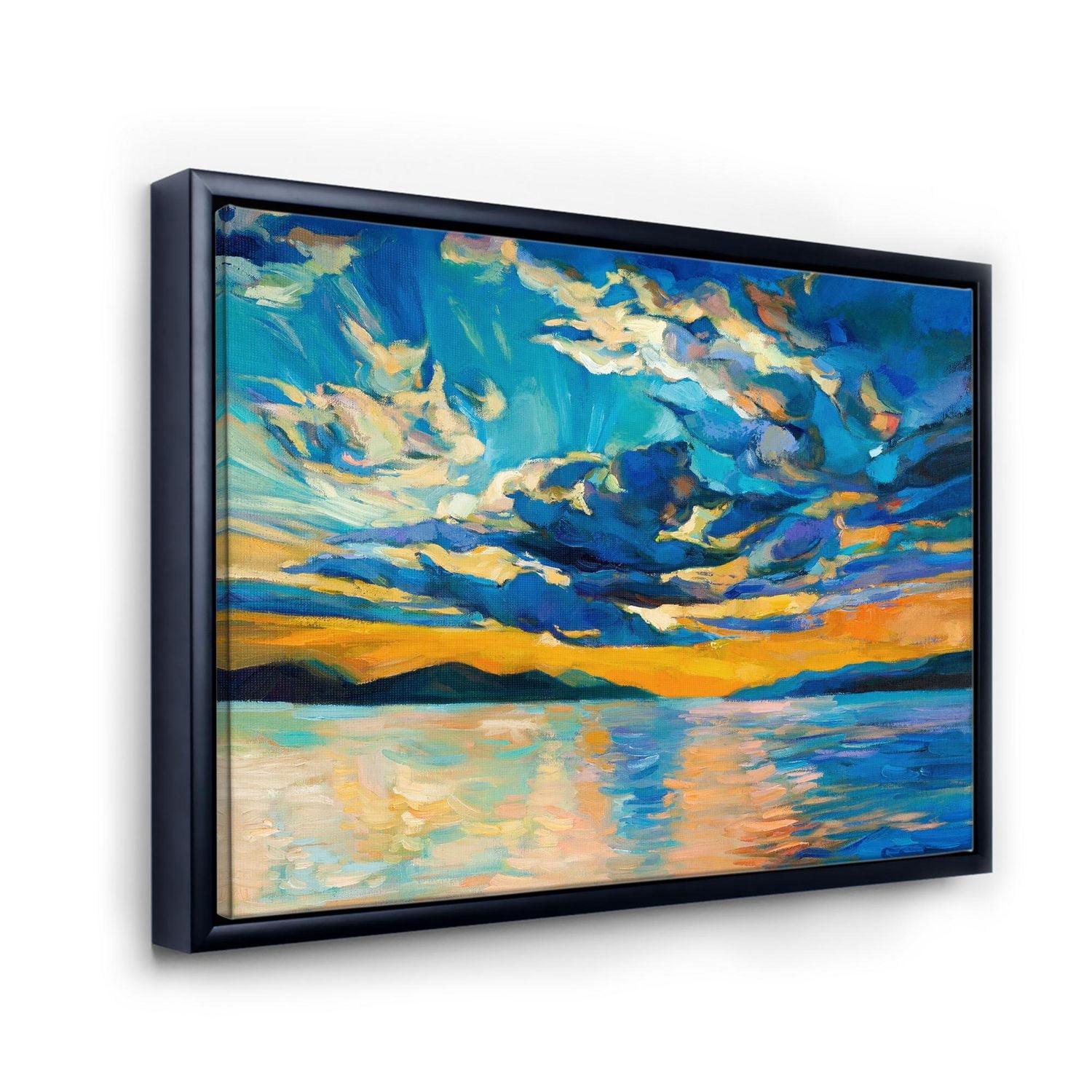 Designart Cloudy Wide Open Sunset Over Ocean Horizon FLOAT FRAME WALL ART