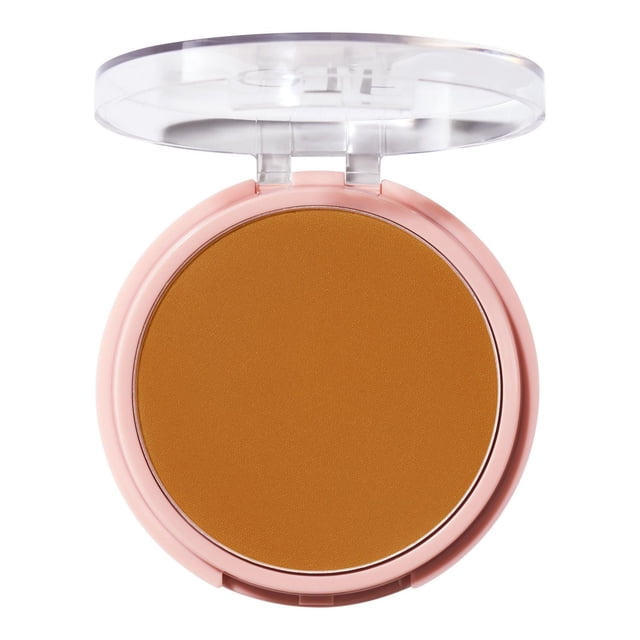 e.l.f. Cosmetics Halo Glow Powder Filter in a round pink compact with a clear lid, featuring warm medium brown pressed powder that delivers lightweight, buildable coverage, blurs pores, reduces shine, and is crease-resistant for a soft-focus glow, ideal for setting and refreshing makeup.