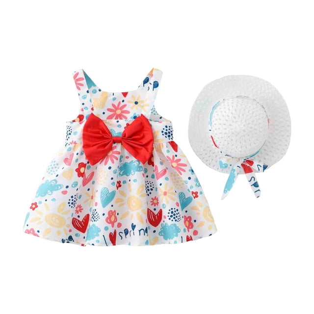 Robe Bébé Fille Robe Tutu Bébé Fille Robe d'Été Sans Manches pour Fille avec Chapeaux Deux Pièces Robe d'Anniversaire pour Bébé Fille 4-5 Ans. la Robe Sans Manches Présente un Motif floral Coloré et Cœur avec un Grand Nœud Rouge à la Taille. Elle s'Agence avec un Chapeau de Paille Blanc Assorti Orné d'Une Bande Florale et d'Un Nœud. Conçue pour l'Été, la Tenue Est Fabriquée en Tissu Mélange de Coton Respirant, Assurant Confort et style pour les occasions Spéciales comme les Anniversaires, les Mariages Ou les Sorties Décontractées.
