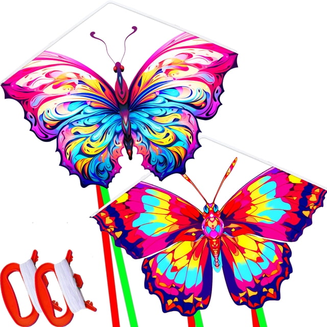 HENGDA KITE 2pack Butterfly Kites featuring vibrant multicolour designs with high-definition digital printing. Includes two polyester butterfly kites, fiberglass rods, two handles with 30m kite lines, and an instruction manual. Easy to control and suitable for outdoor play in parks, beaches, or backyards, recommended for wind speeds of 6 to 20 MPH.