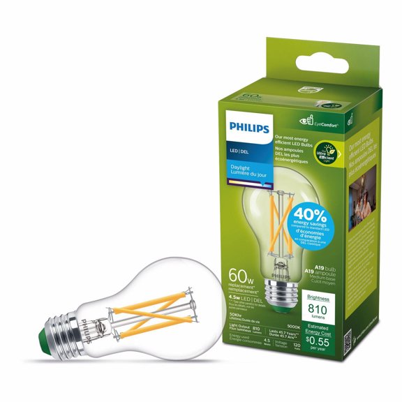 Philips Ampoule LED ultra efficace 60 W A19, lumière du jour, transparente, culot moyen à intensité variable