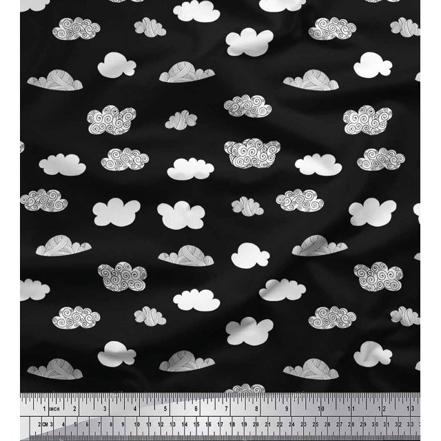 Soimoi Black polyester Crepe Fabric Cloud Nature Print Fabric by the Yard 52 Inch Wide