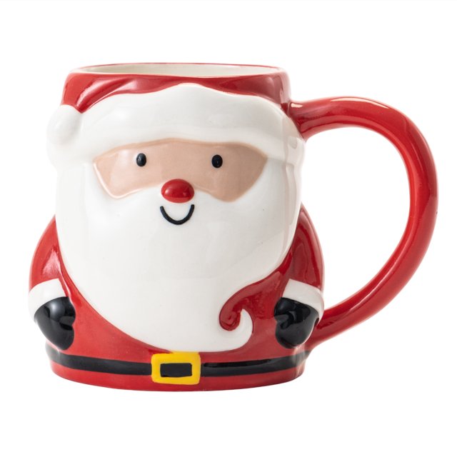 Holiday Time Figural Ceramic Mug, 14 oz, shaped like Santa Claus in a red suit with white beard, black gloves, and yellow belt, made of stoneware, microwave and dishwasher safe, ideal for serving holiday coffee, tea, or hot chocolate.