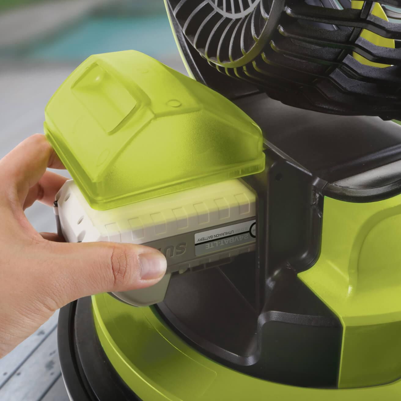 Sun Joe 24V 3-Speed Portable Misting Fan – Rotating Universal Bucket Top Fan with 2.0Ah Battery, Bucket & Hose for Outdoor Cooling