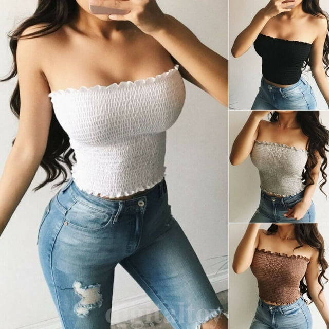Women Off Shoulder Elastic Tube Tops Bra Blouse Bandeau Strapless Crop Top Shirt