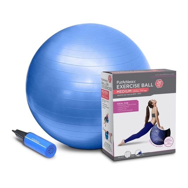 Balle d'Exercice Moyenne 26 Pouces Bleue PurAthletics avec texture Côtelée, Pompe Manuelle Incluse, et Emballage Mettant en Valeur les Utilisations pour Tonifier les Abdos, les Cuisses, les Fessiers, les Entraînements cardio, la Perte de Poids et la Force Musculaire du Tronc, Convient Aussi au Soutien Lombaire en Position Assise.