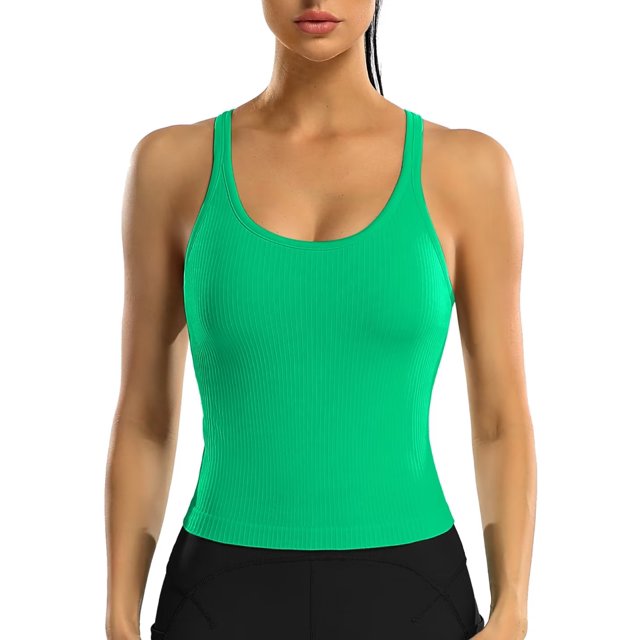 Charmo Women's Scoop Neck Ribbed Tank Tops Slim Straps Cropped Tops Built in Bra