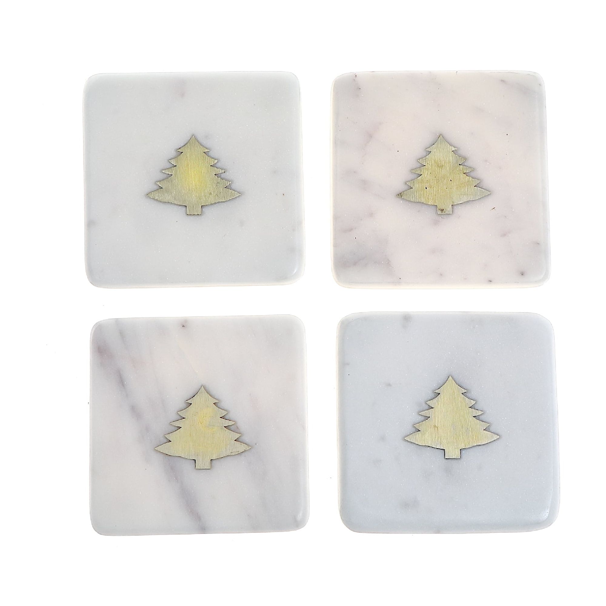Lot De 4 Sous-Verres Carrés En Marbre Blanc Avec Incrustations En Laiton Représentant Un Arbre (10 X 10 Cm)