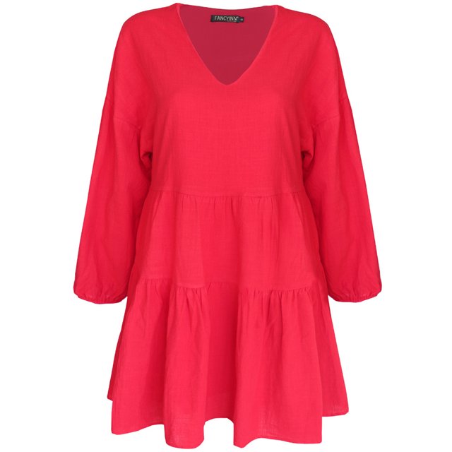 Robe Droite Mignonne pour Femmes avec Poches, Entièrement Doublée, Manches Évasées, Ourlet à Volants, Col en V, Tunique Ample Évasée, Mini-Robe