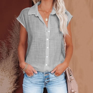 Button Down Shirts For Women,Fashion Women New Style Cotton Linen Solid Color Shirts V Neck Short Sleeve Blouses Summer Casual Ladies Tops