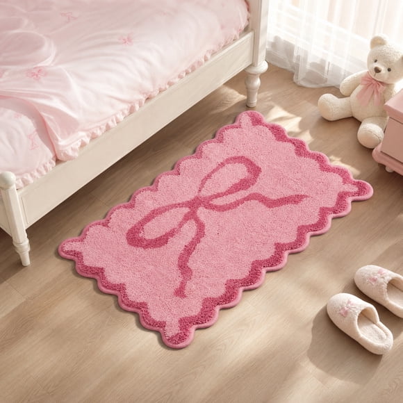 Skimsklo Bow Bath Mat Bathroom Rug Cute Scalloped Rugs Non Slide Floor Carpet Microfiber Bathmat Soft Super Absorbent - 60X40Cm