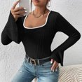 thumbnail image 3 of AherBiu Crop Tops for Women Ribbed Flare Long Sleeve Square Neck Slim Tight Basic Spring Shirt Blouse, 3 of 7