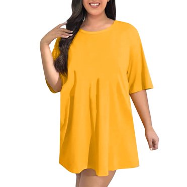 Robes T-Shirt Décontractées pour Femmes Grande Taille Manches 1/2 Épaules Tombantes Mini Robe d'Été Longue Tee Tops à Porter avec Legging Jaune, TG