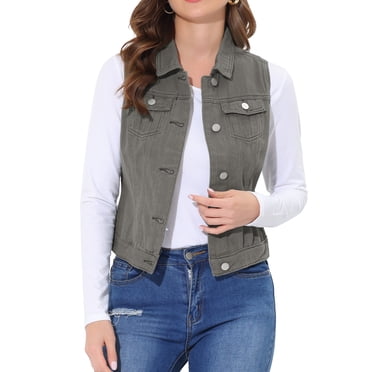 INSPIRE CHIC Women's Washed Chest Flap Pockets Single Breasted Denim Vest Jacket Grey S