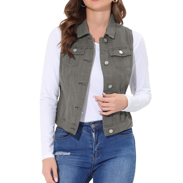 INSPIRE CHIC Women's Washed Chest Flap Pockets Single Breasted Denim Vest Jacket Grey S