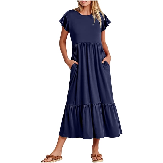AherBiu Boho Dresses for Women Cap Sleeve Summer Casual Loose Ruffle Flowy Maxi Dress with Pockets