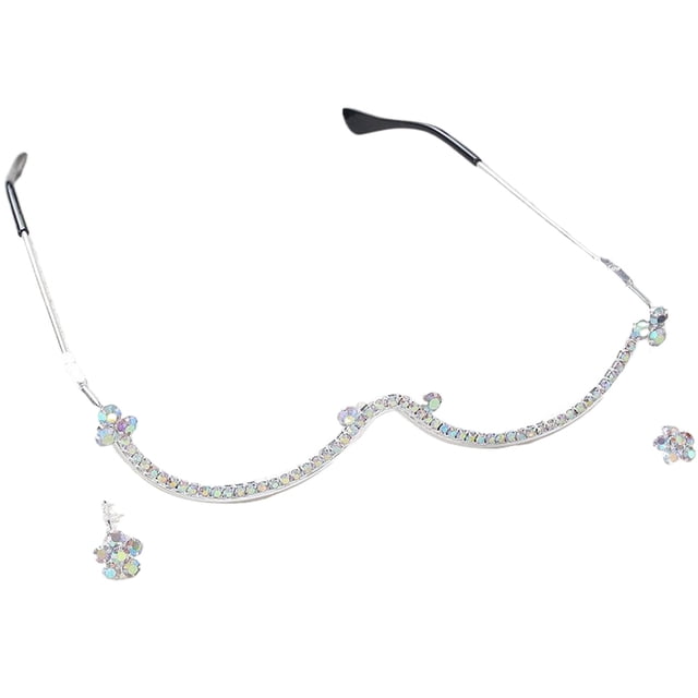 tamizeot Integrated Metal Frame Eyeglass Frame With Rhinestone Jewelry Sparkling Crystal Rhinestone W-shaped silver