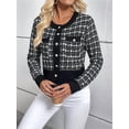 thumbnail image 4 of Femmes - Blazer à Carreaux Chic Décontracté Cardigan à Boutons devant Col Ras du Cou Manches Longues Vestes en Tricot Texturé Noir P, 4 of 9